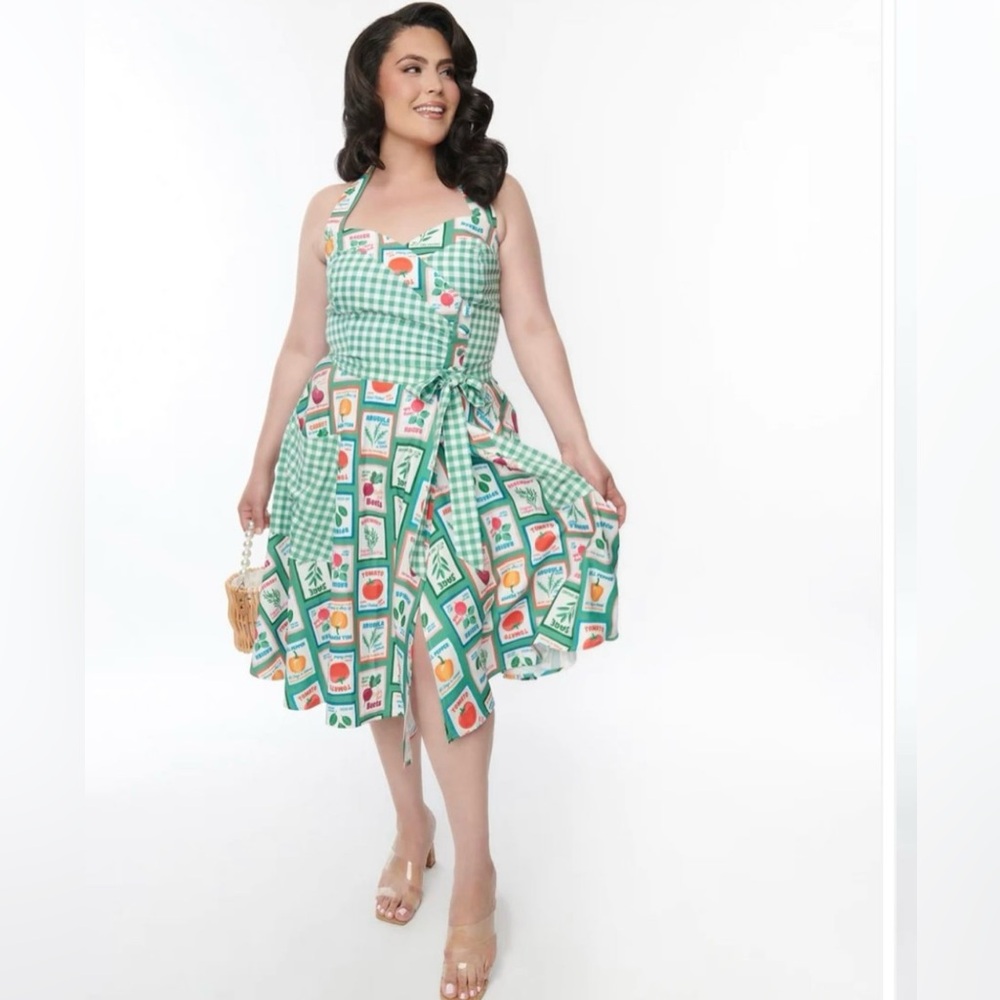 Unique Vintage Green & White Vegetable Gingham Romper, 1x, NWT! - Picture 8 of 15